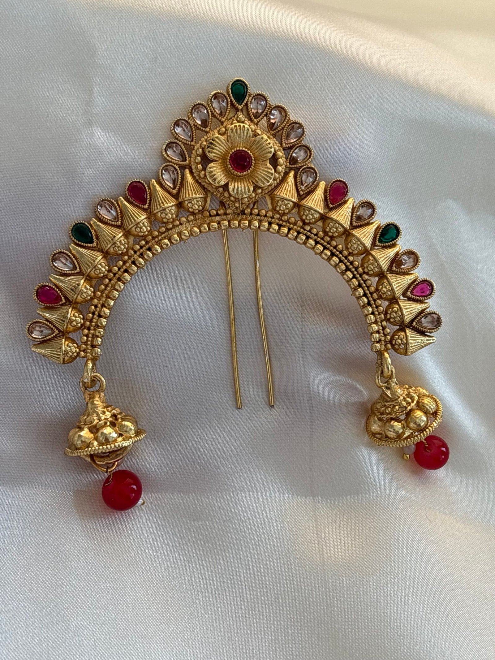 Traditional Maharashtrian Ambada Juda Pin | Gold Plated Hair Bun Pin with Jhumka for Women & Girls - Image 6