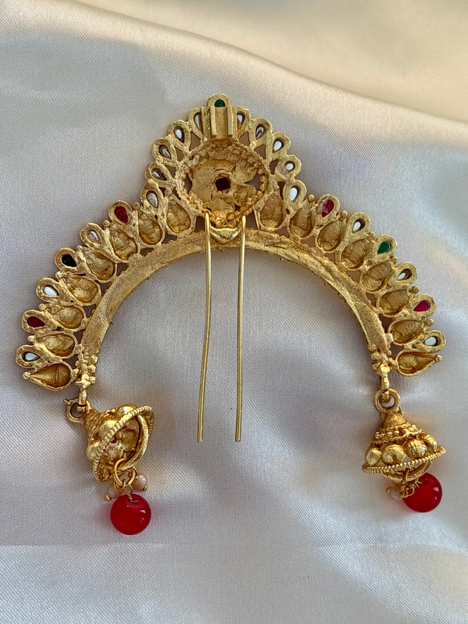 Traditional Maharashtrian Ambada Juda Pin | Gold Plated Hair Bun Pin with Jhumka for Women & Girls - Image 2