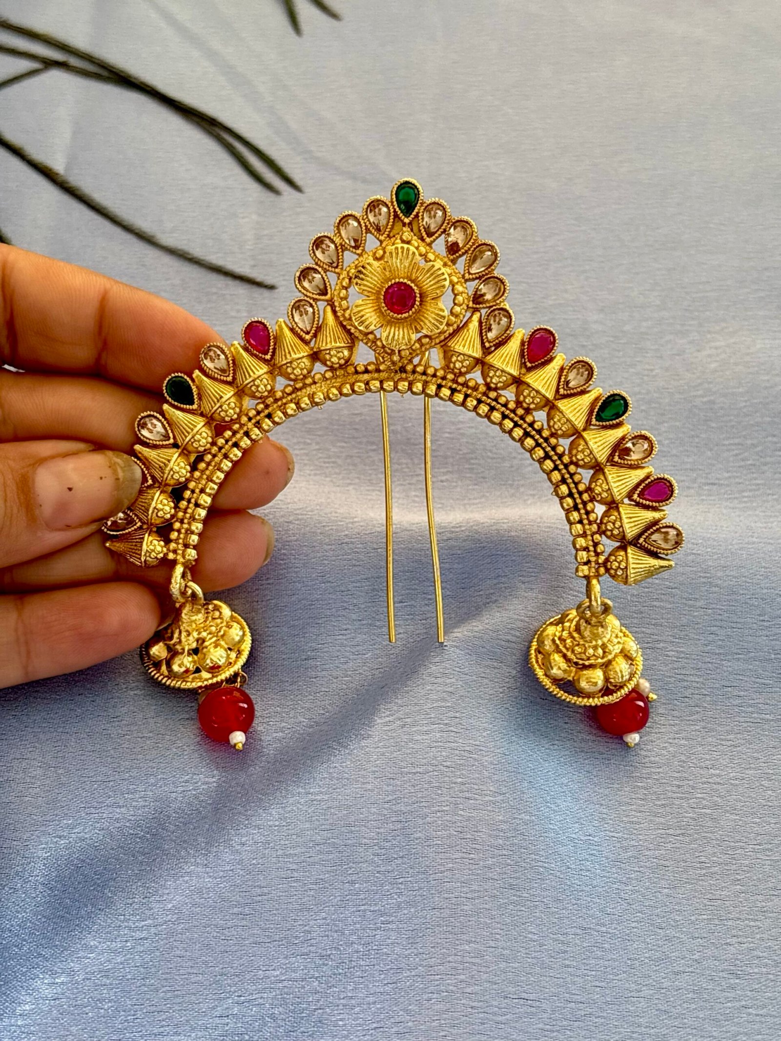 Traditional Maharashtrian Ambada Juda Pin | Gold Plated Hair Bun Pin with Jhumka for Women & Girls - Image 4