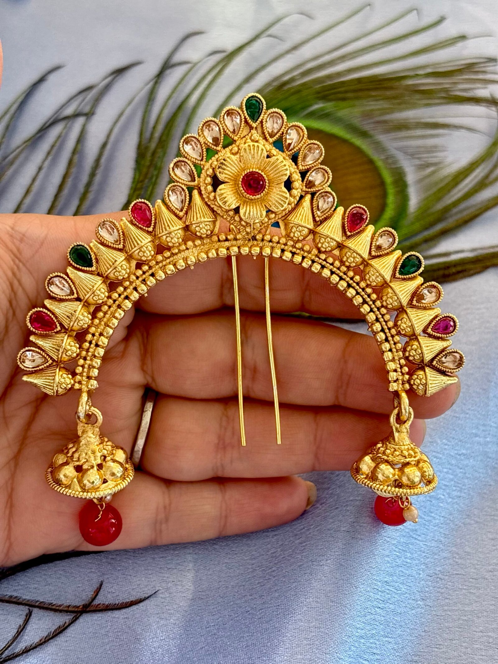 Traditional Maharashtrian Ambada Juda Pin | Gold Plated Hair Bun Pin with Jhumka for Women & Girls